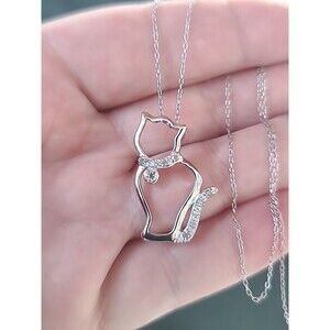 Italian 925 Sterling Silver Diamond Accent Cat Pendant Necklace Vintage